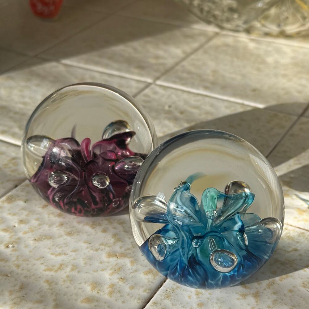 Vintage Selkirk Glass Scotland Art Glass Paperweights Pair Blue Purple Floral